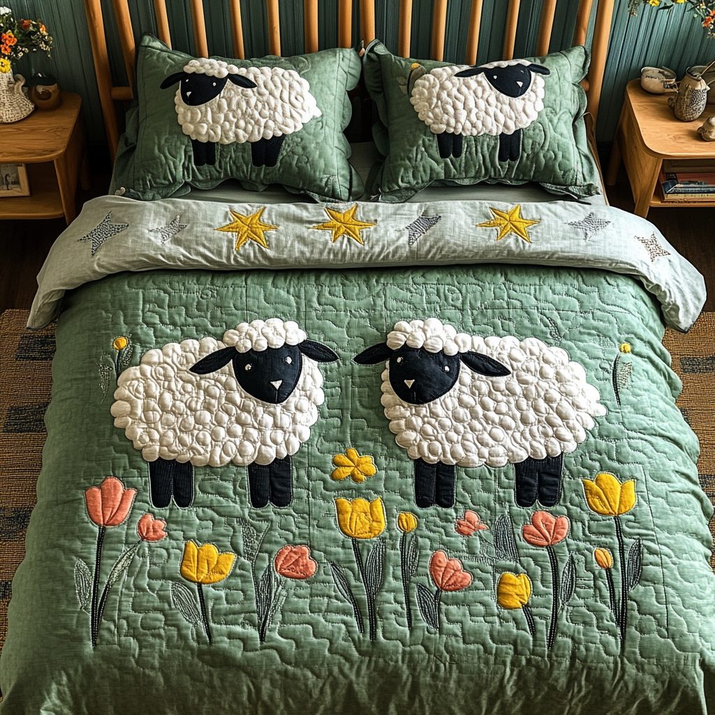 Soft Meadow quilted 3-piece bedding set on a made bed with two matching pillow shams