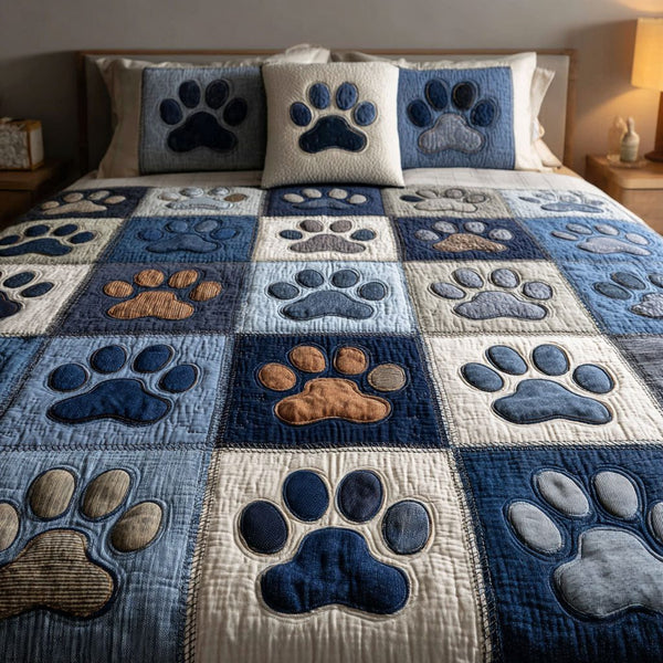 Soft Paw Haven quilted 3-piece bedding set on a made bed with two matching pillow shams