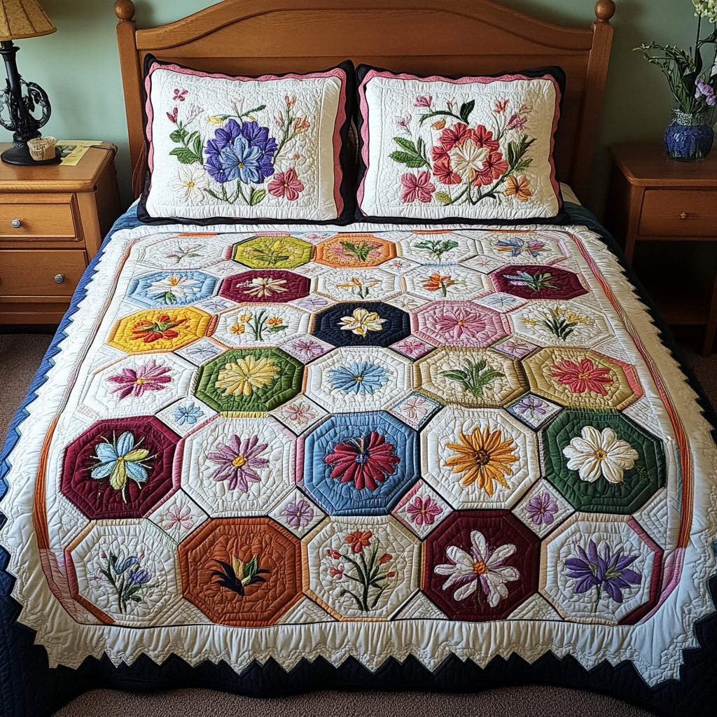 Soft Petals quilted 3-piece bedding set on a made bed with two matching pillow shams