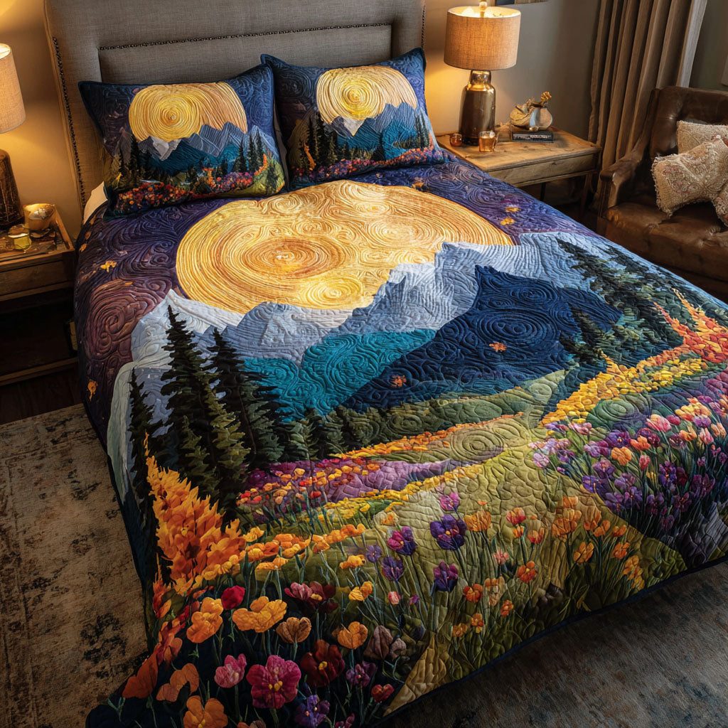 Solar Bloom quilted 3-piece bedding set on a made bed with two matching pillow shams