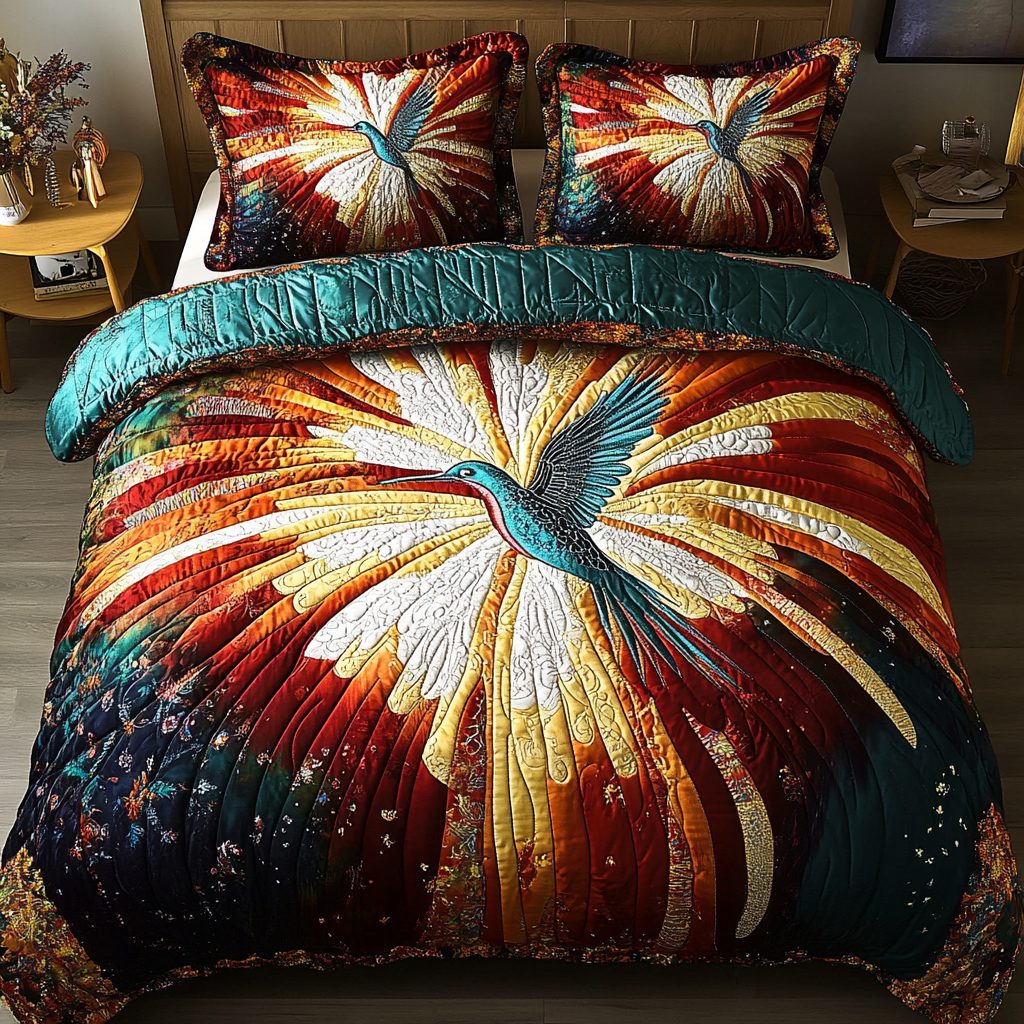 Solar Bloom quilted 3-piece bedding set on a made bed with two matching pillow shams