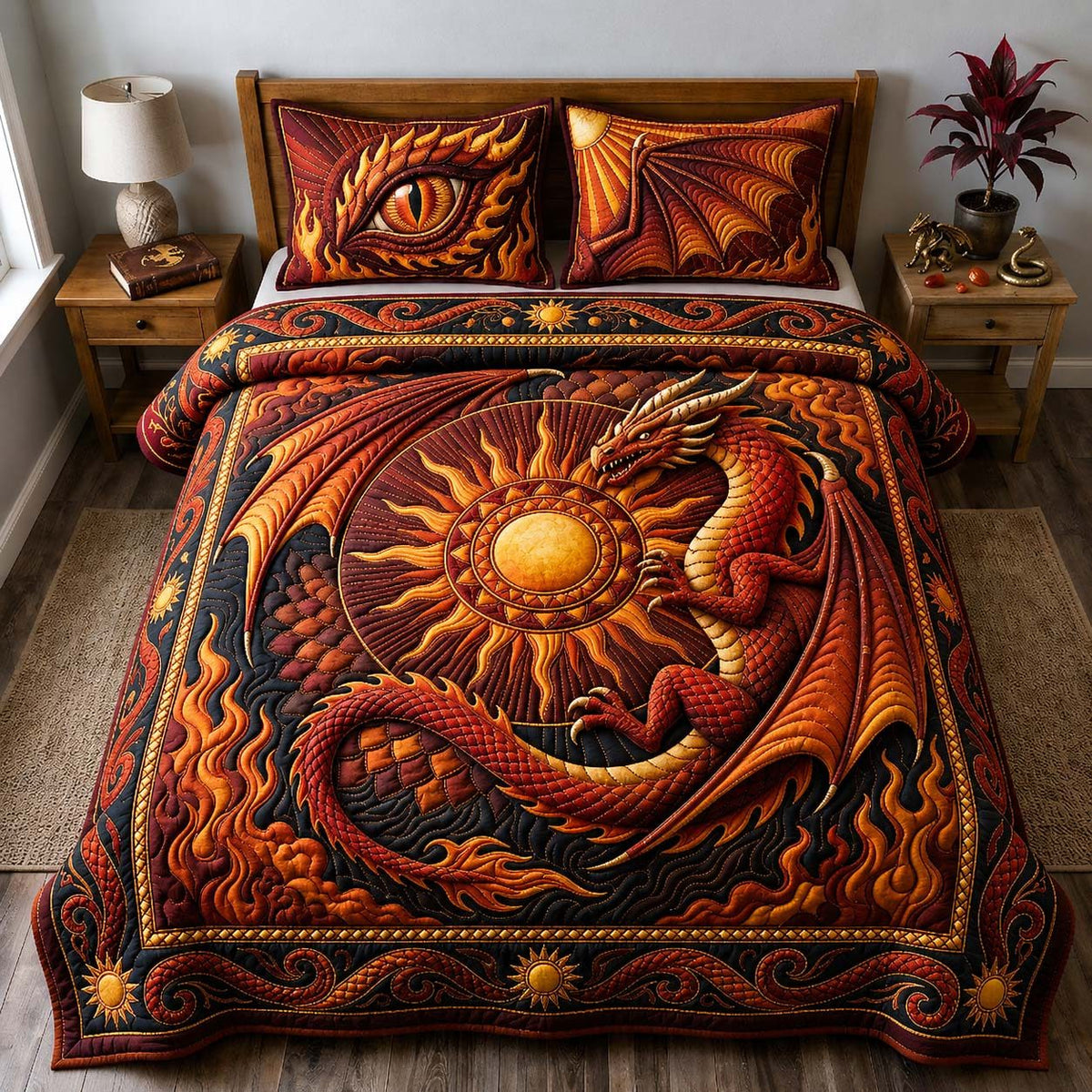 Solar Drake quilted 3-piece bedding set on a made bed with two matching pillow shams