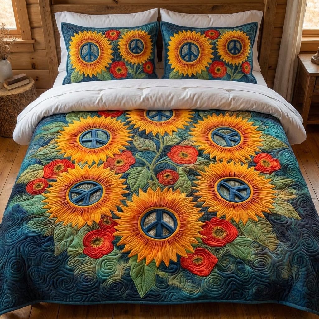 Solar Flower quilted 3-piece bedding set on a made bed with two matching pillow shams