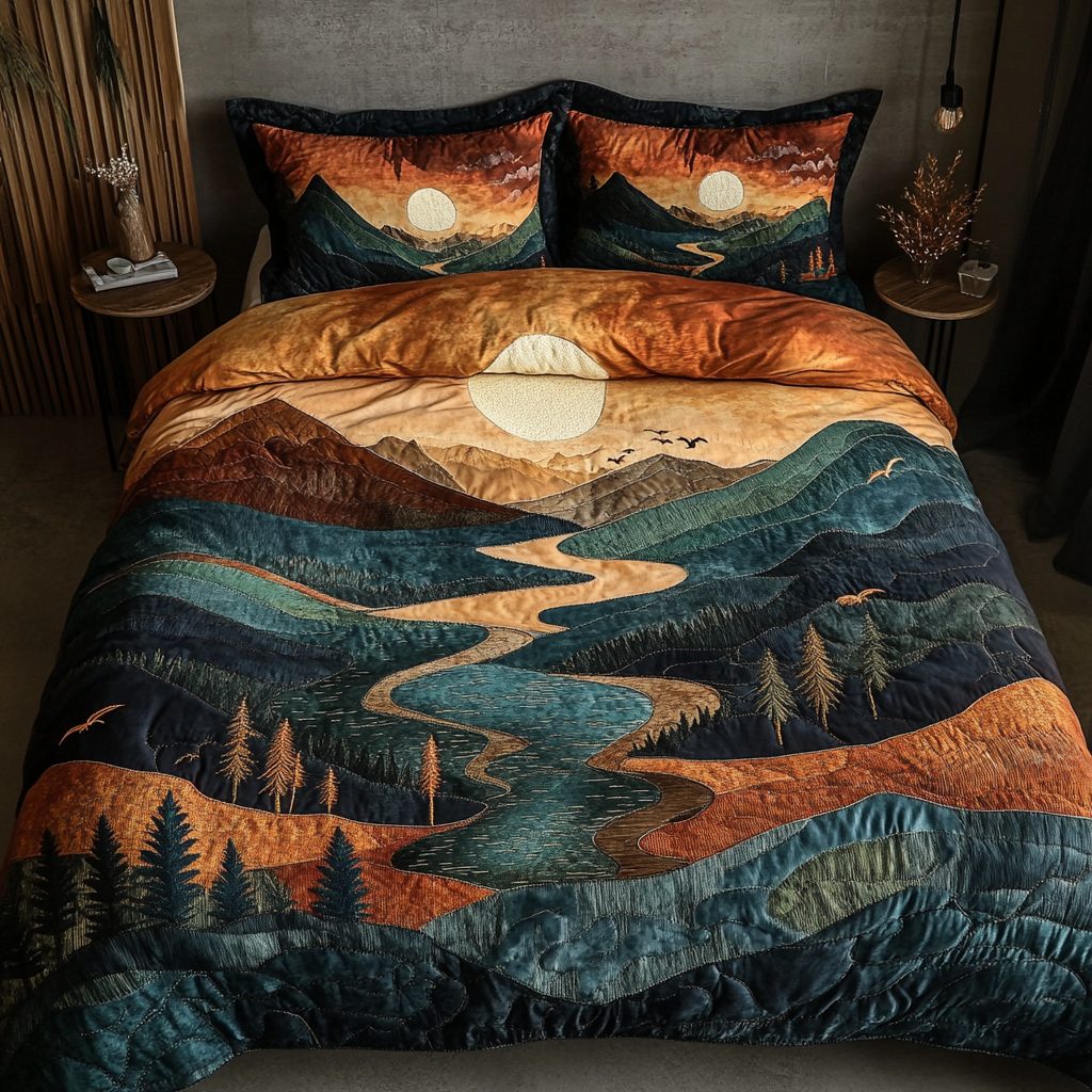 Solar Pines quilted 3-piece bedding set on a made bed with two matching pillow shams