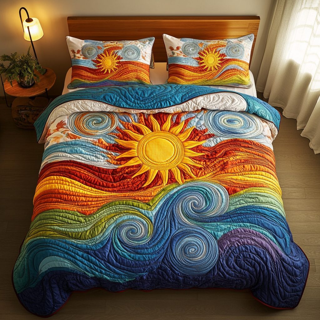 Solar Swell quilted 3-piece bedding set on a made bed with two matching pillow shams