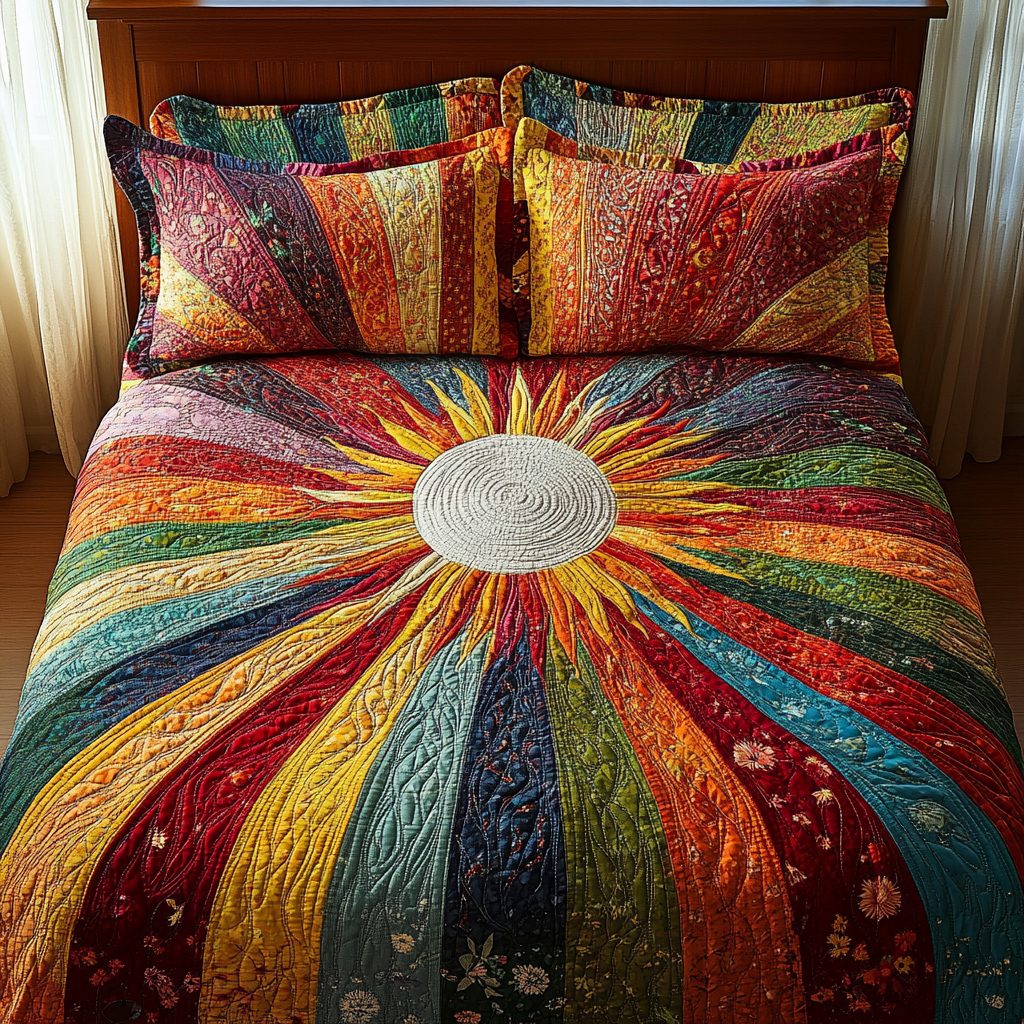 Solar Symphony quilted 3-piece bedding set on a made bed with two matching pillow shams