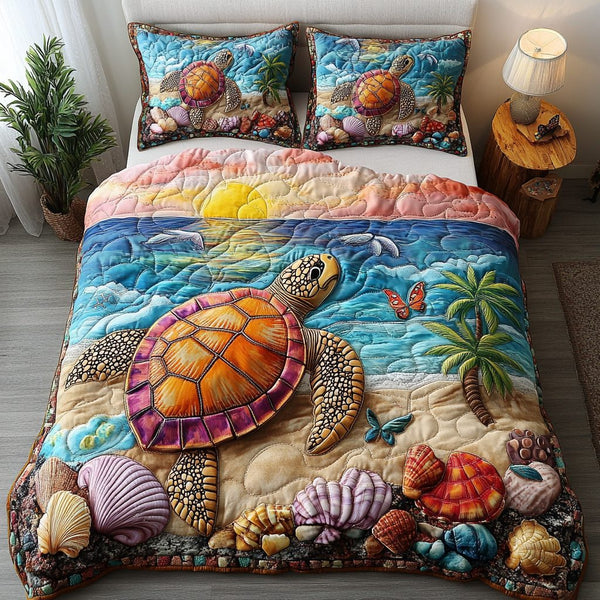 Solitary Turtle quilted 3-piece bedding set on a made bed in a light coastal bedroom