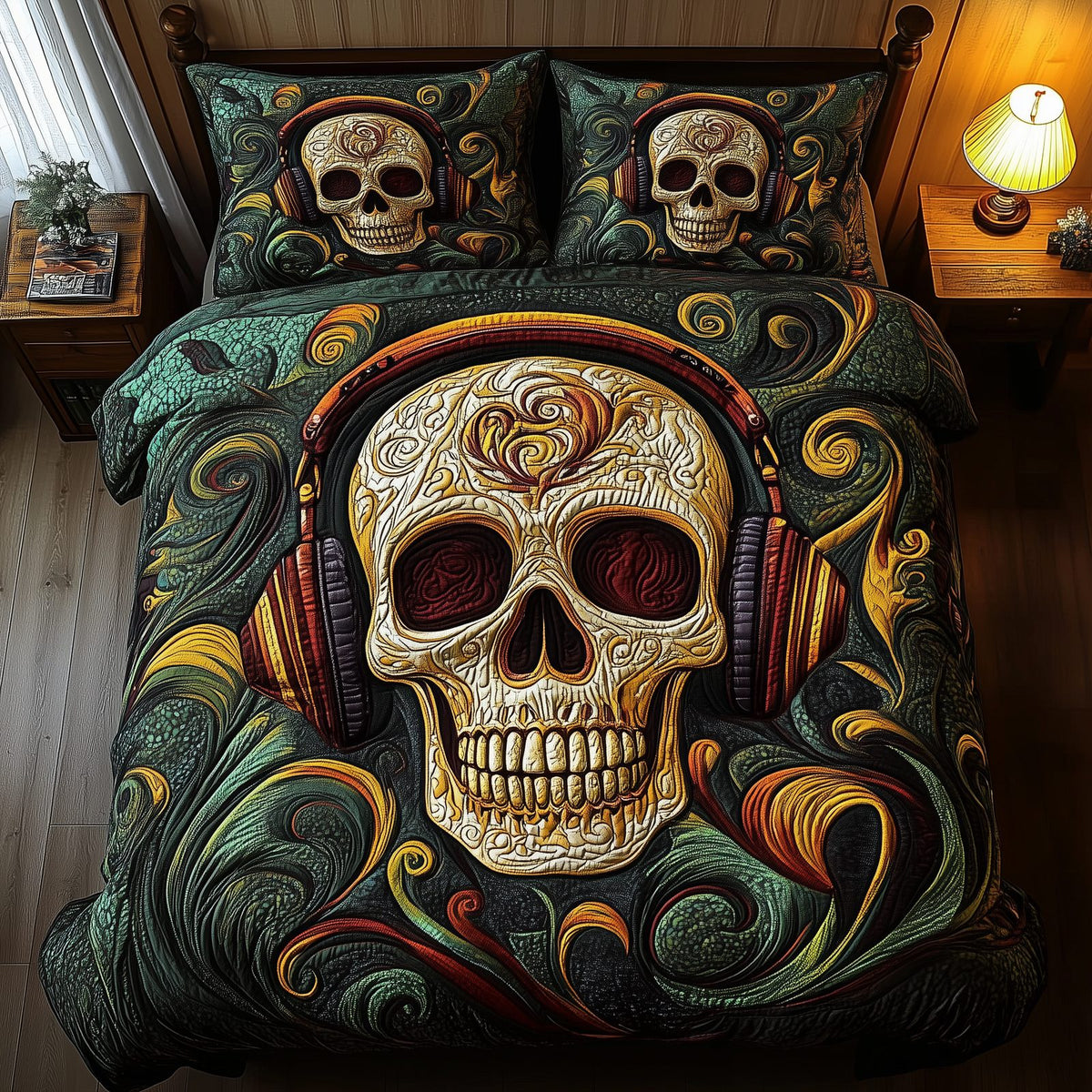 Song of Death Skull quilted 3-piece bedding set on a made bed against a dark styled interior
