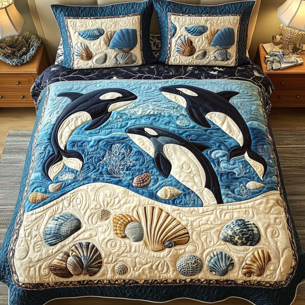 Song of Depths quilted 3-piece bedding set on a made bed with two matching pillow shams