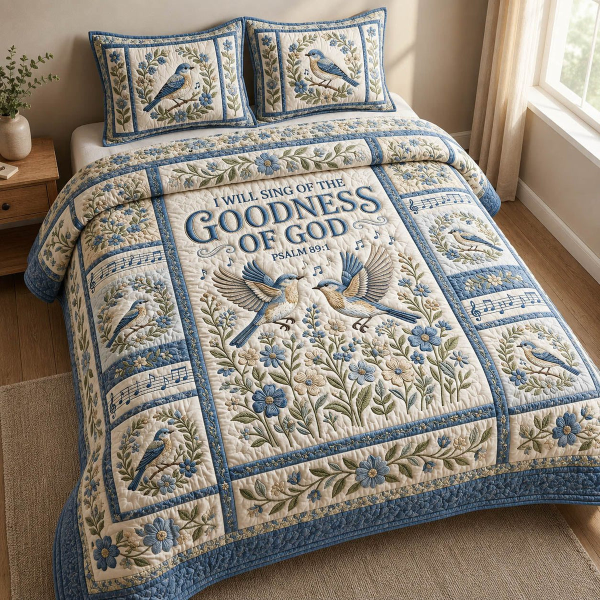 Songbird Couple Psalm 89 1 quilted 3-piece bedding set on a made bed in a softly lit bedroom