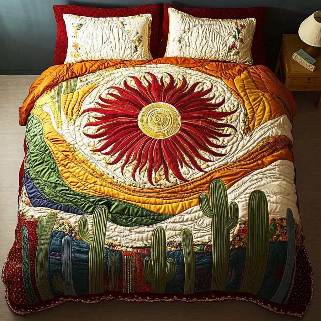 Sonoran Charm quilted 3-piece bedding set on a made bed with two matching pillow shams