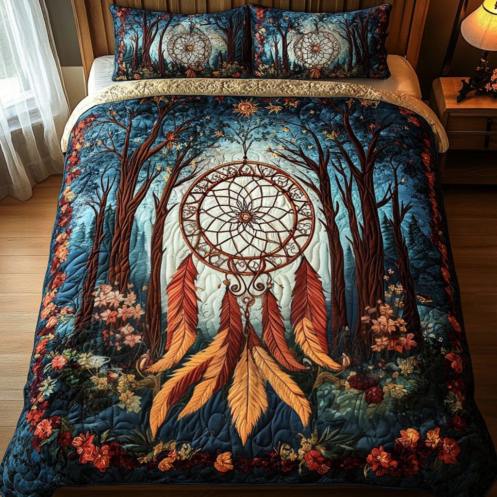 Soul Catcher quilted 3-piece bedding set on a made bed with two matching pillow shams