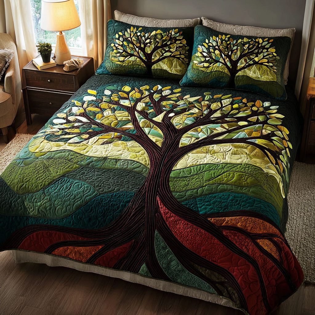 Soul Tree quilted 3-piece bedding set on a made bed with two matching pillow shams