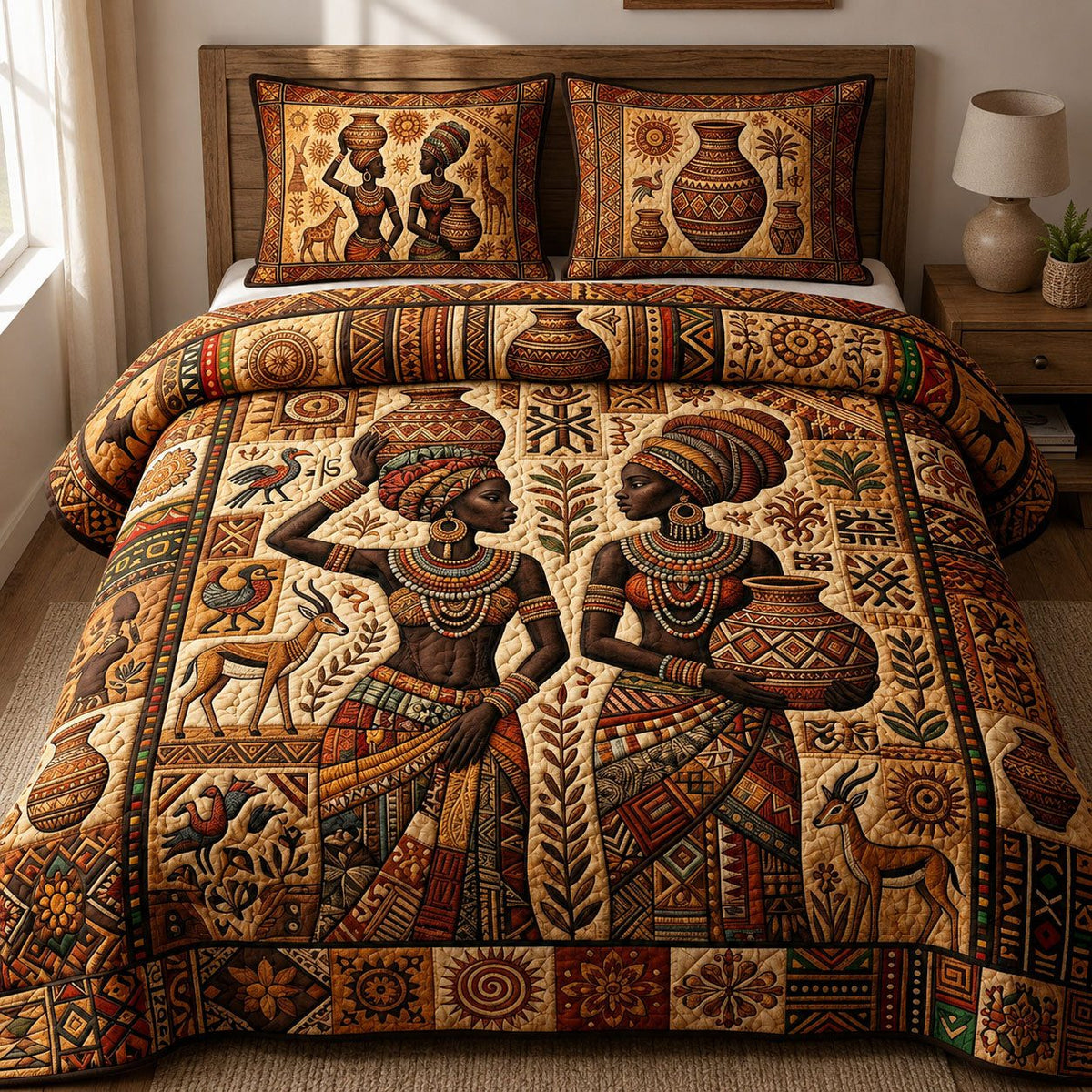 Soulbound Roots quilted 3-piece bedding set on a made bed with two matching pillow shams