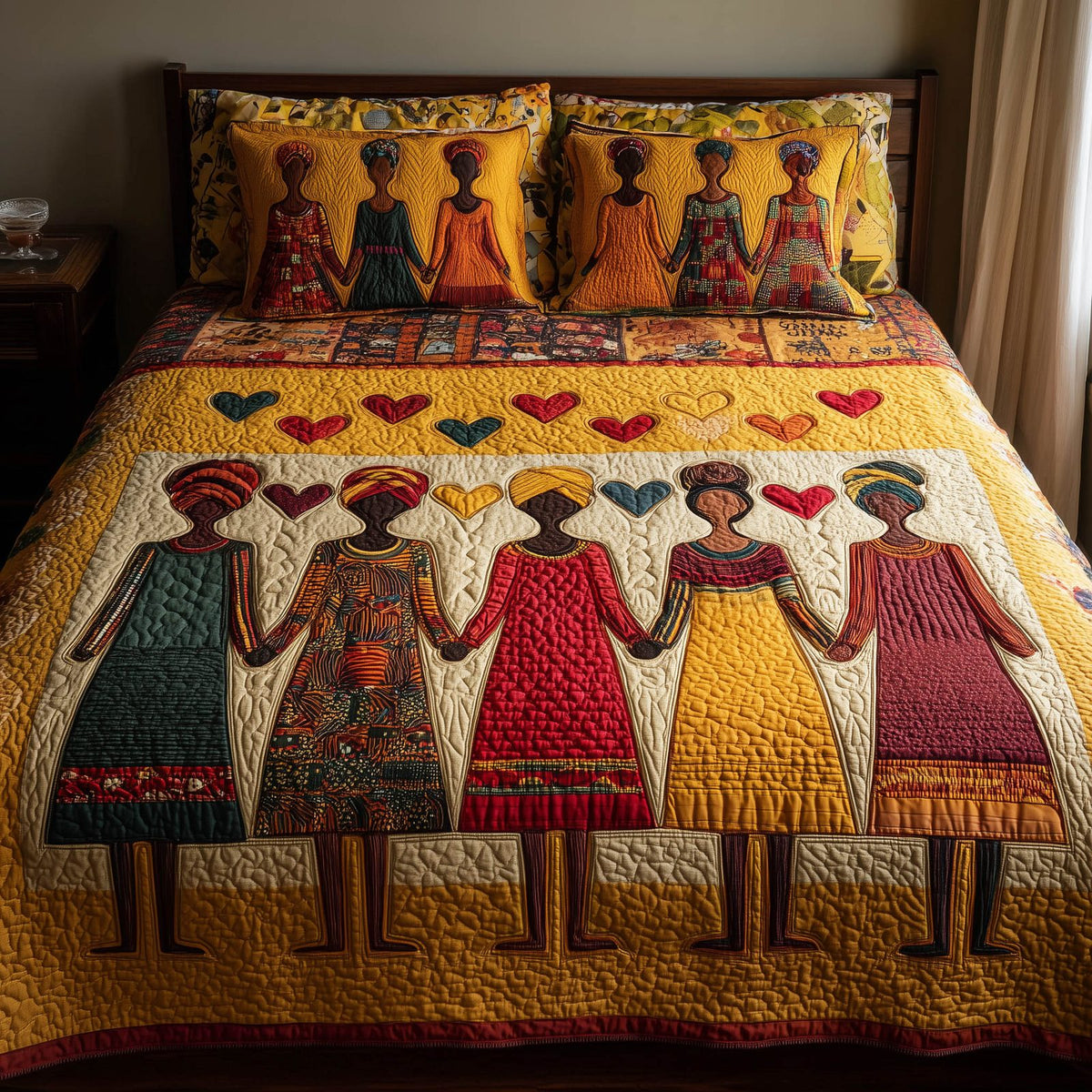 Soulbound Roots quilted 3-piece bedding set on a made bed with two matching pillow shams