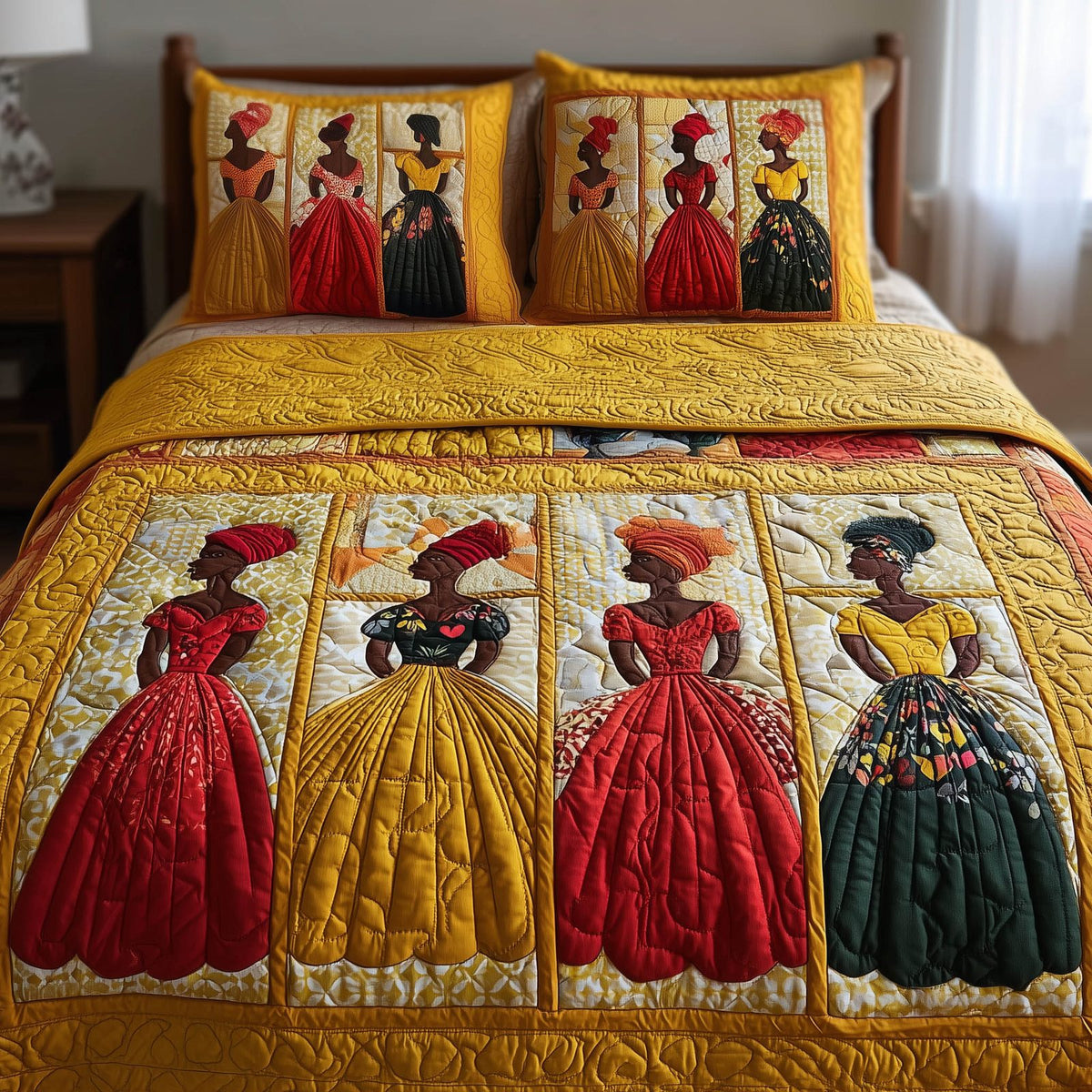 Soulbound Roots quilted 3-piece bedding set on a made bed with two matching pillow shams