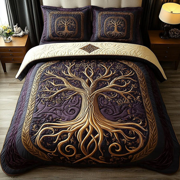 Soulful Roots quilted 3-piece bedding set on a made bed with two matching pillow shams
