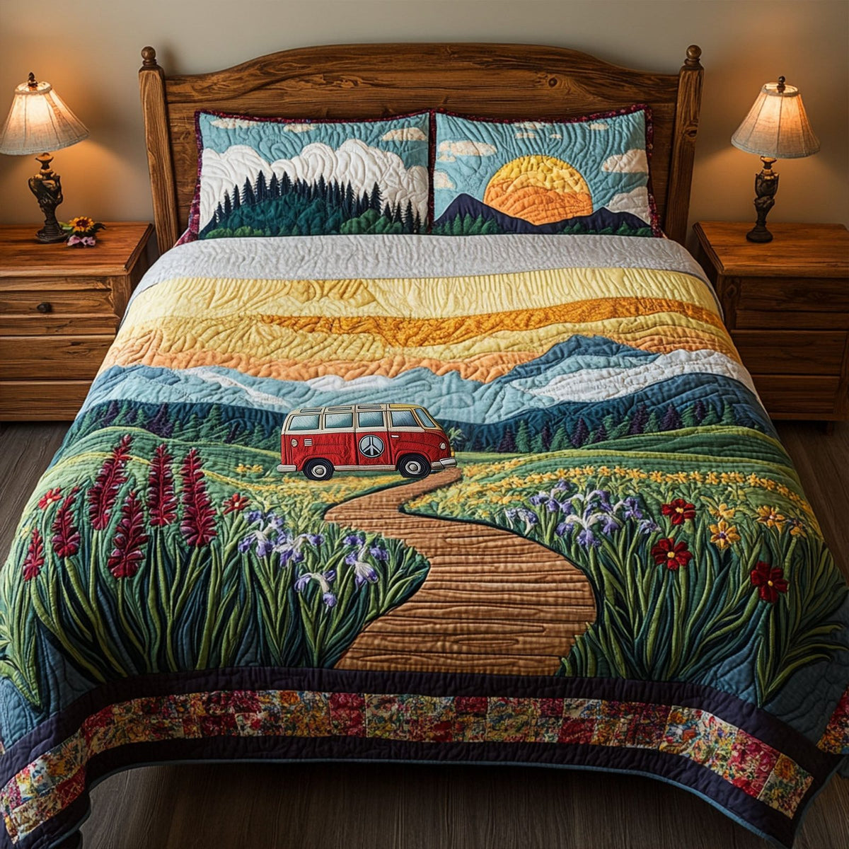 Soulful Wanderer quilted 3-piece bedding set on a made bed with two matching pillow shams