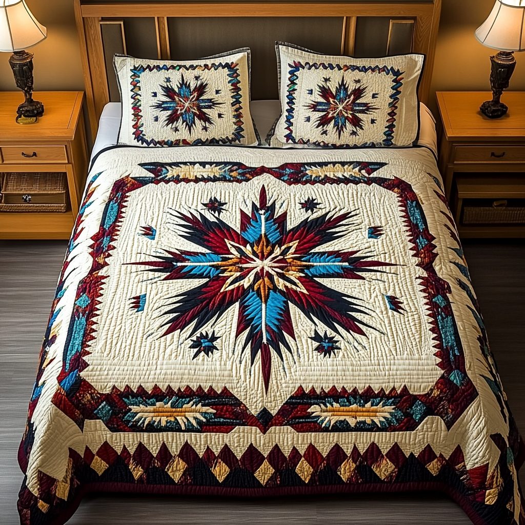 Souls Serenity quilted 3-piece bedding set on a made bed with two matching pillow shams