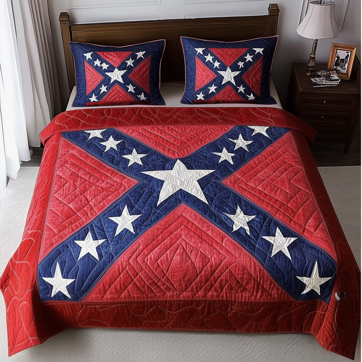 South Will Rise quilted 3-piece bedding set on a made bed with two matching pillow shams