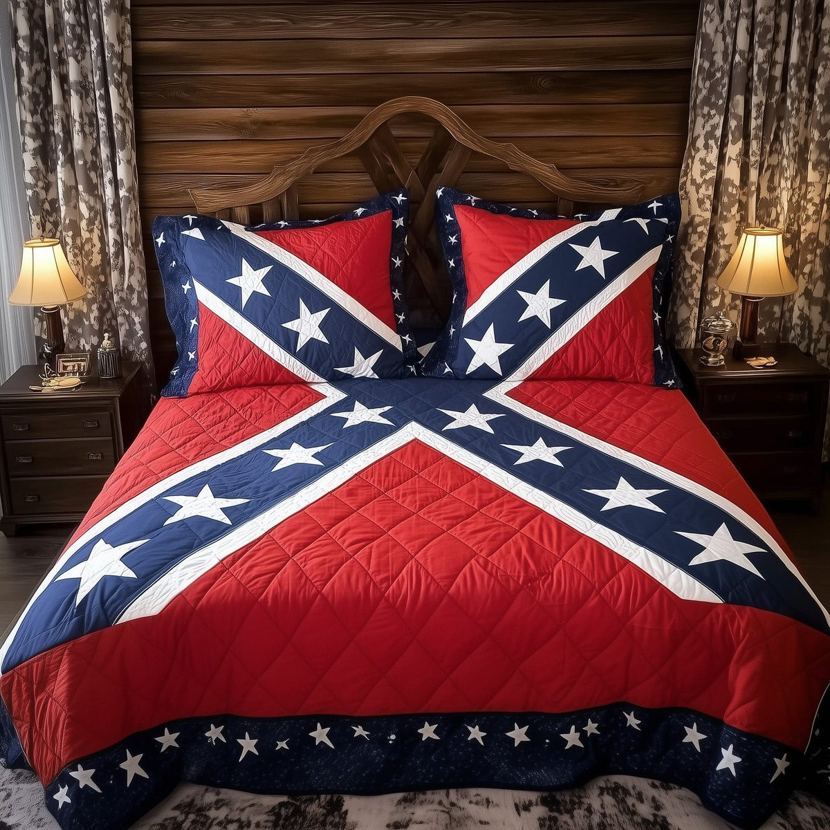 South Will Rise quilted 3-piece bedding set on a made bed with two matching pillow shams