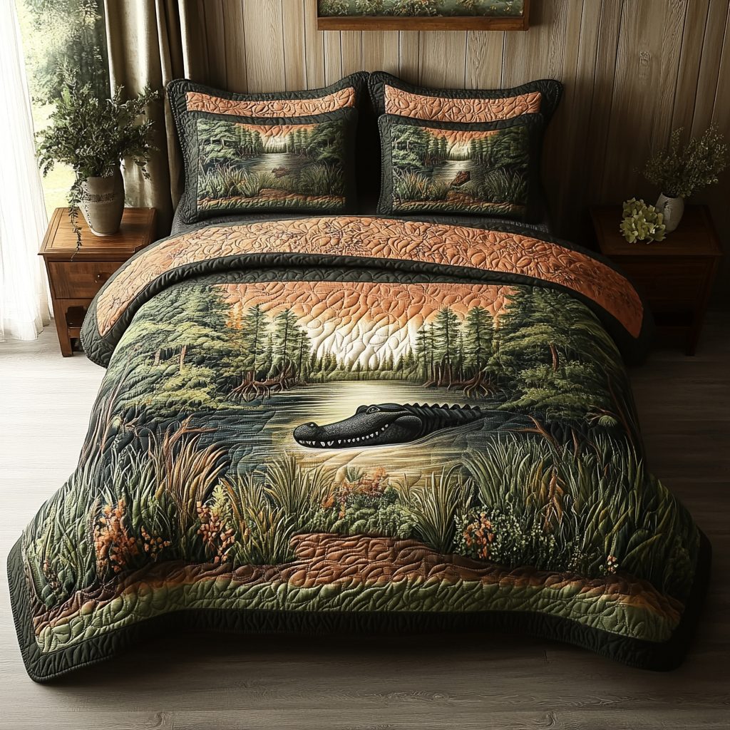Southern Alligator Swamp quilted 3-piece bedding set on a made bed with two matching pillow shams