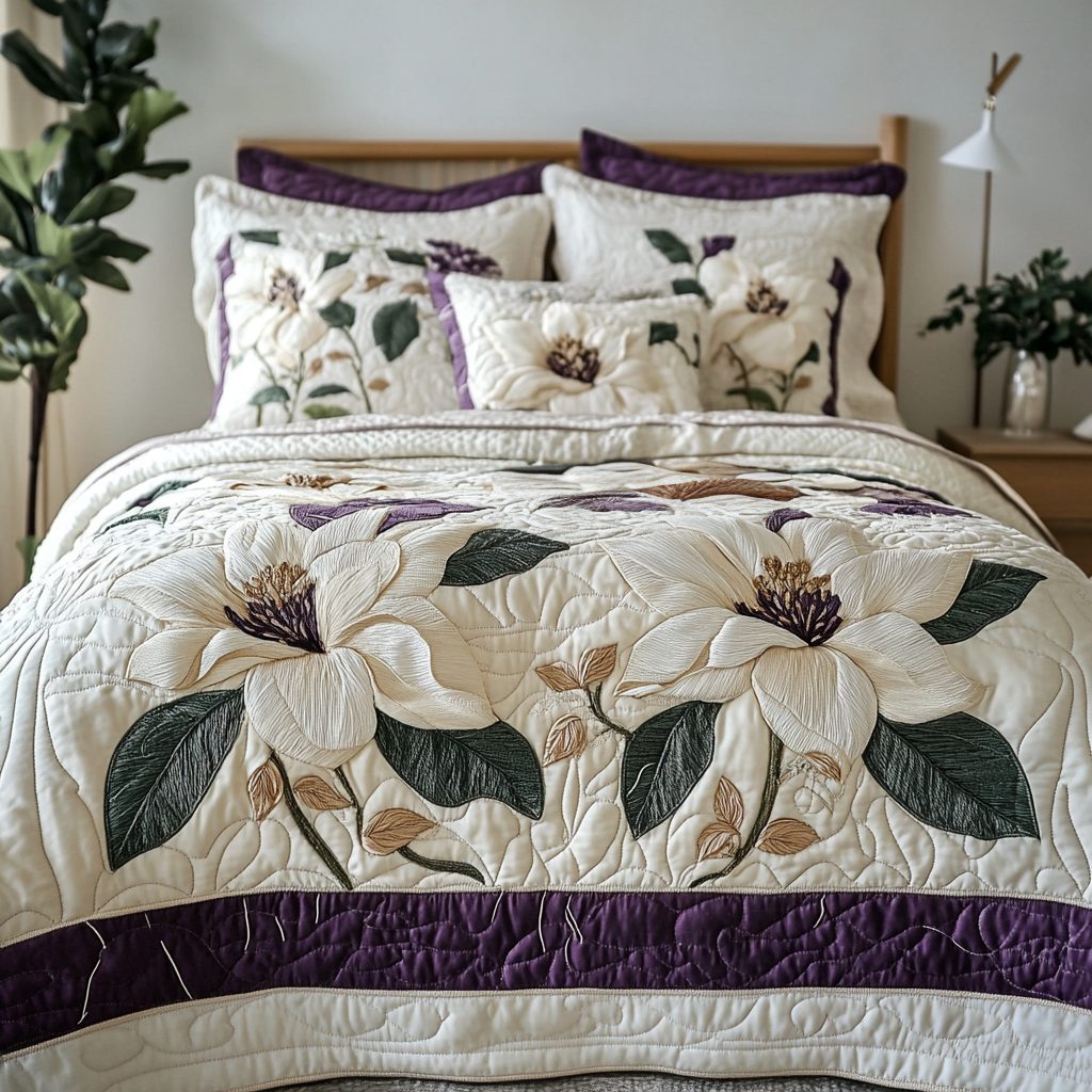 Southern Bloom quilted 3-piece bedding set on a made bed with two matching pillow shams