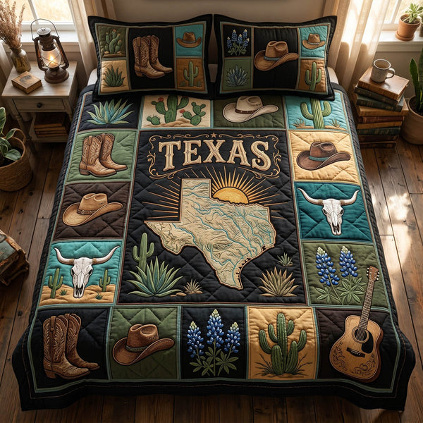Southern Horizon quilted 3-piece bedding set on a made bed with two matching pillow shams