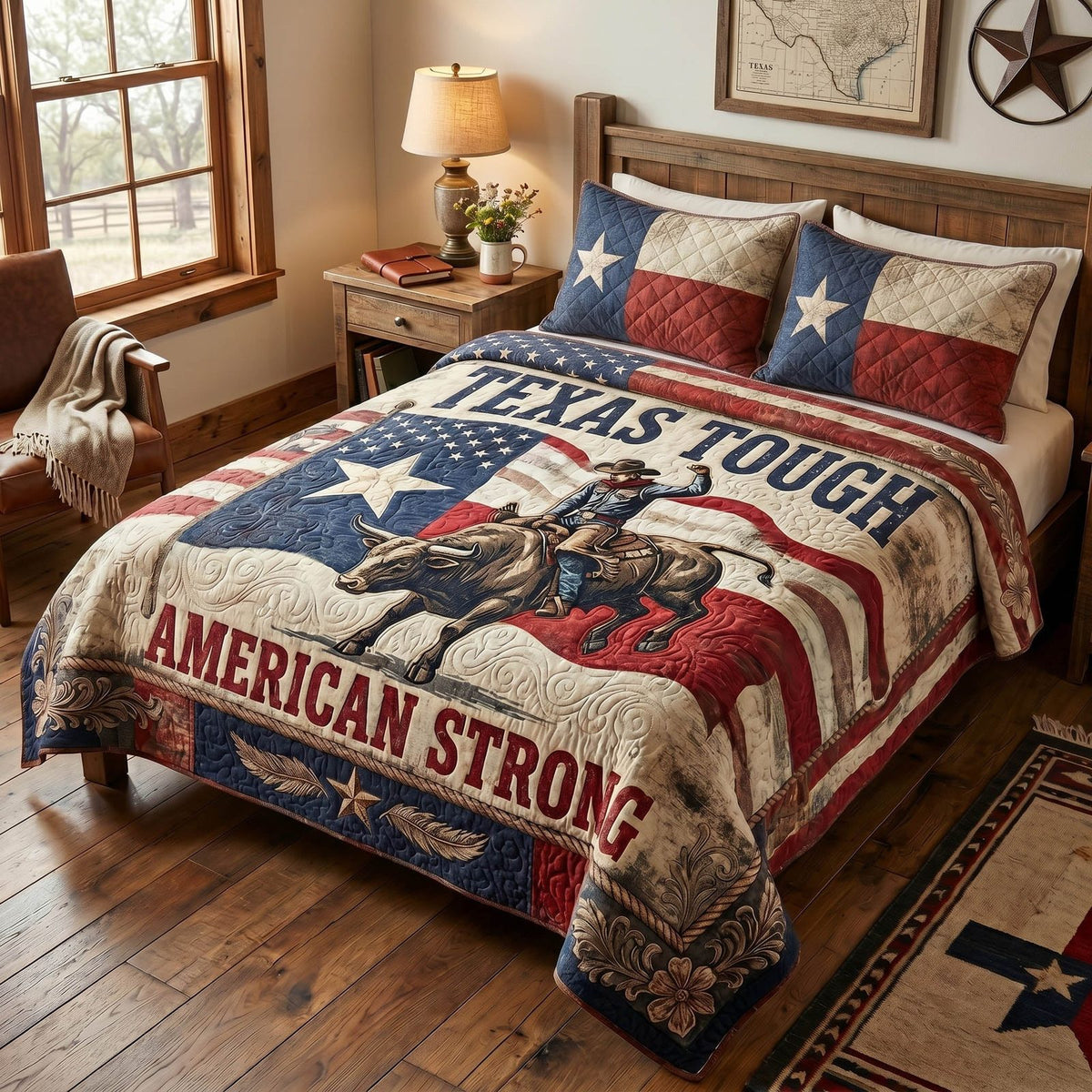 Southern Horns quilted 3-piece bedding set on a made bed with two matching pillow shams