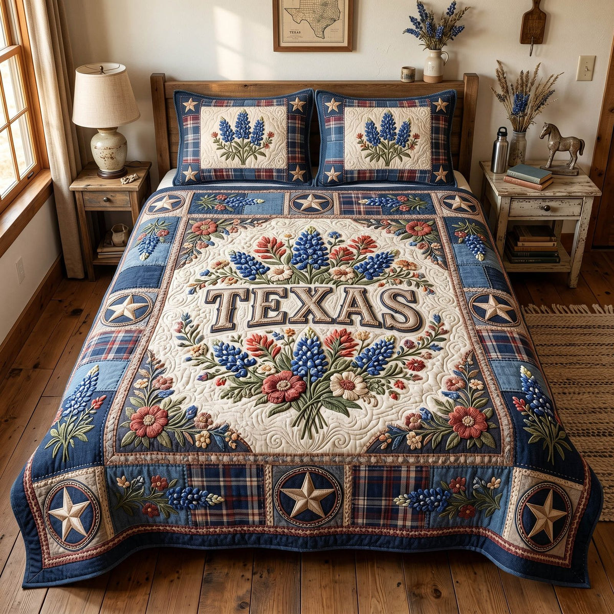 Southern Petals quilted 3-piece bedding set on a made bed with two matching pillow shams
