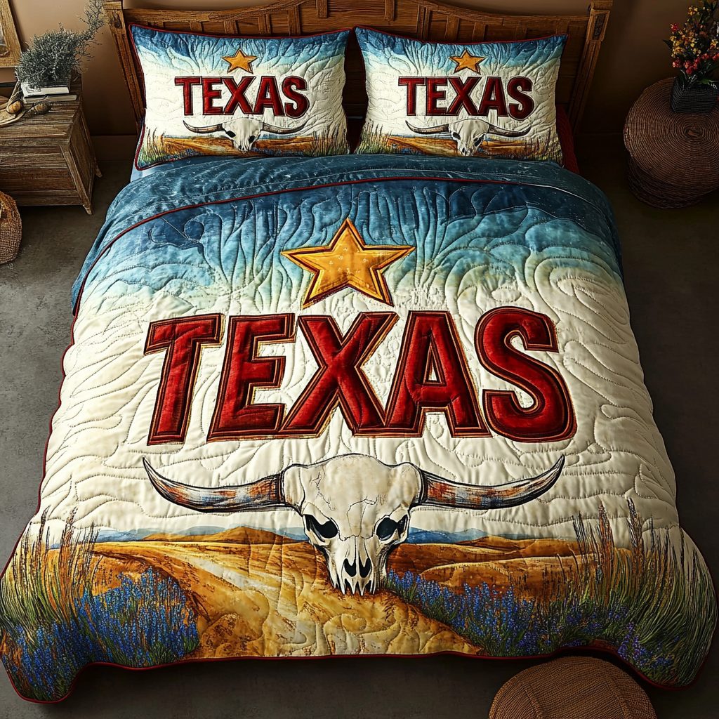 Southern Texas quilted 3-piece bedding set on a made bed in a rustic timber bedroom