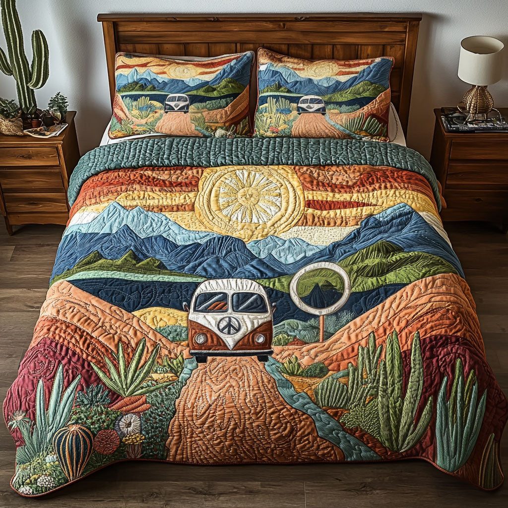 Southwest Escape quilted 3-piece bedding set on a made bed with two matching pillow shams