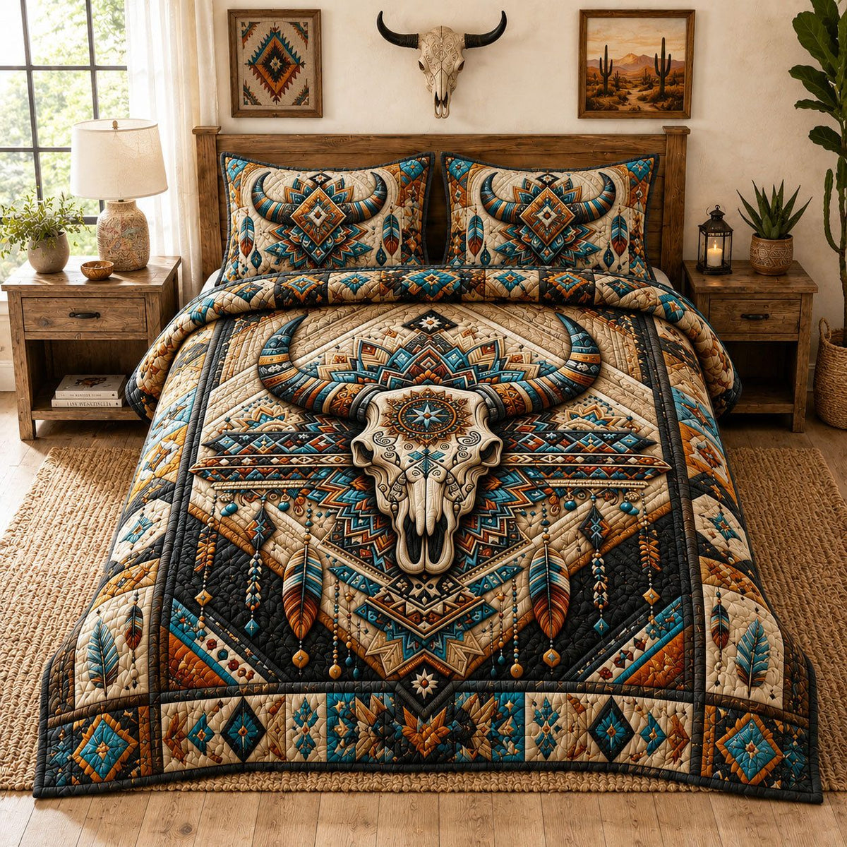Southwestern Longhorn Skull Turquoise quilted 3-piece bedding set on a made bed against a dark styled interior
