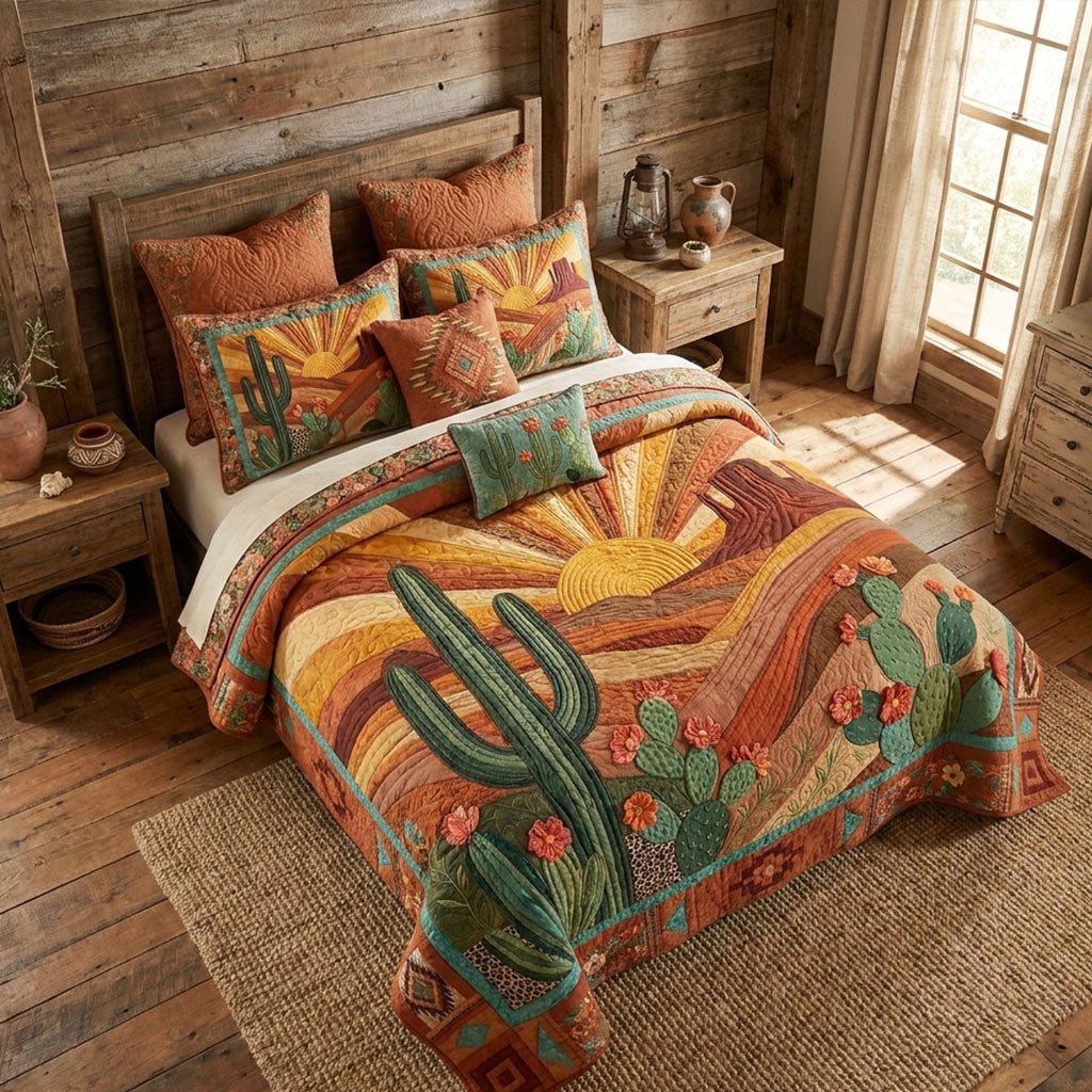 Southwestern Serenity quilted 3-piece bedding set on a made bed in a rustic timber bedroom
