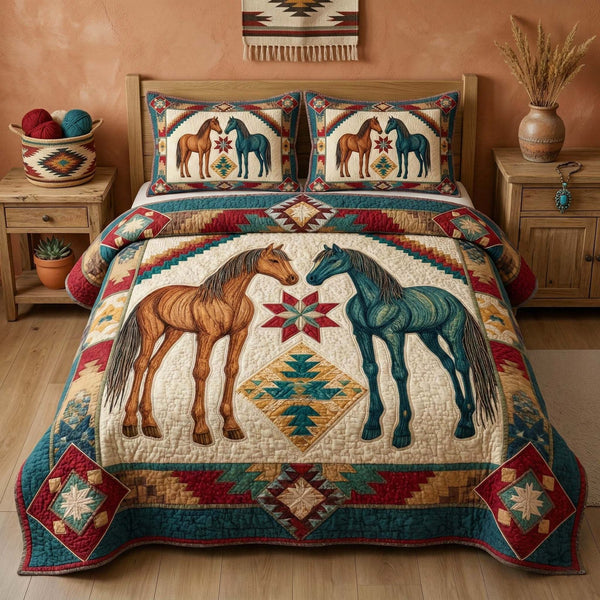 Southwestern Star quilted 3-piece bedding set on a made bed in a rustic timber bedroom