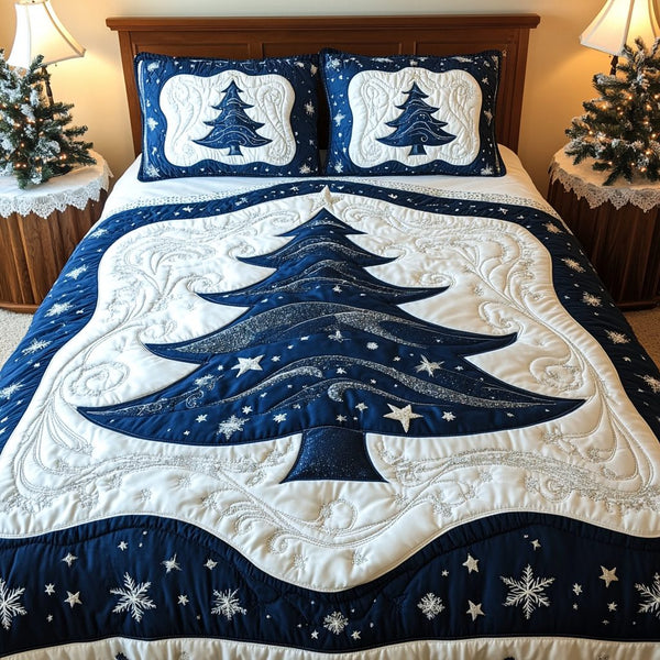 Sparkling Christmas quilted 3-piece bedding set on a made bed in a winter-styled bedroom