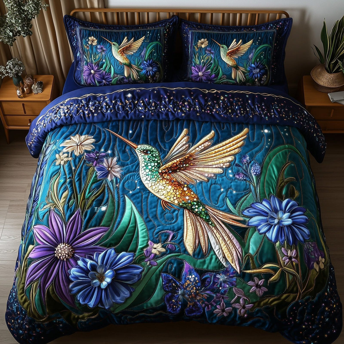 Sparkling Hummingbird quilted 3-piece bedding set on a made bed with two matching pillow shams