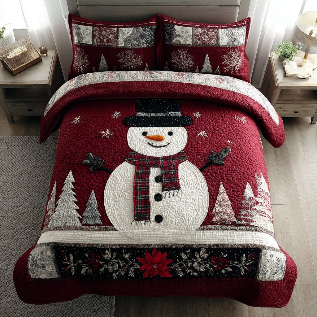 Sparkling Snowman quilted 3-piece bedding set on a made bed in a winter-styled bedroom