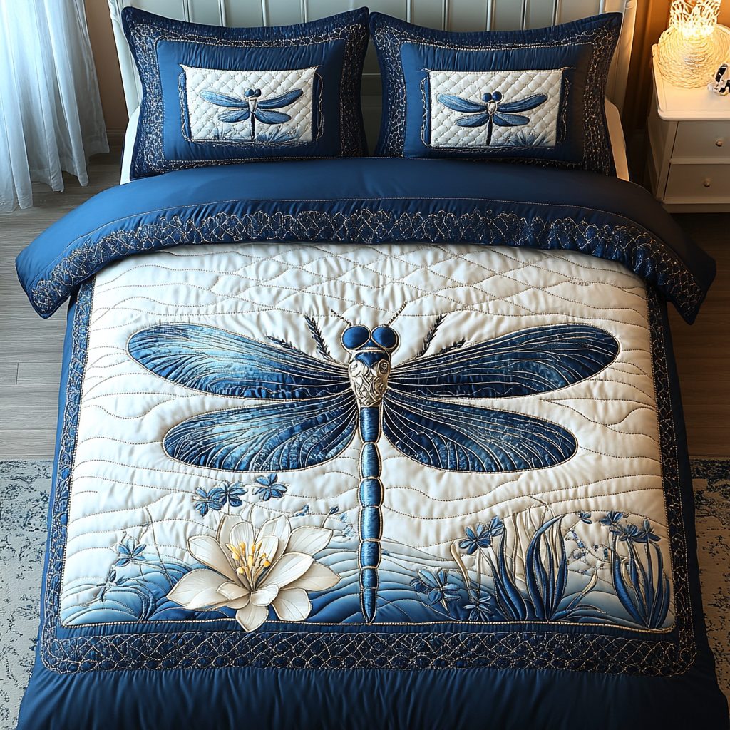 Sparkling Wings quilted 3-piece bedding set on a made bed with two matching pillow shams