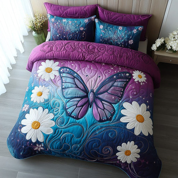 Sparkling Wings quilted 3-piece bedding set on a made bed with two matching pillow shams