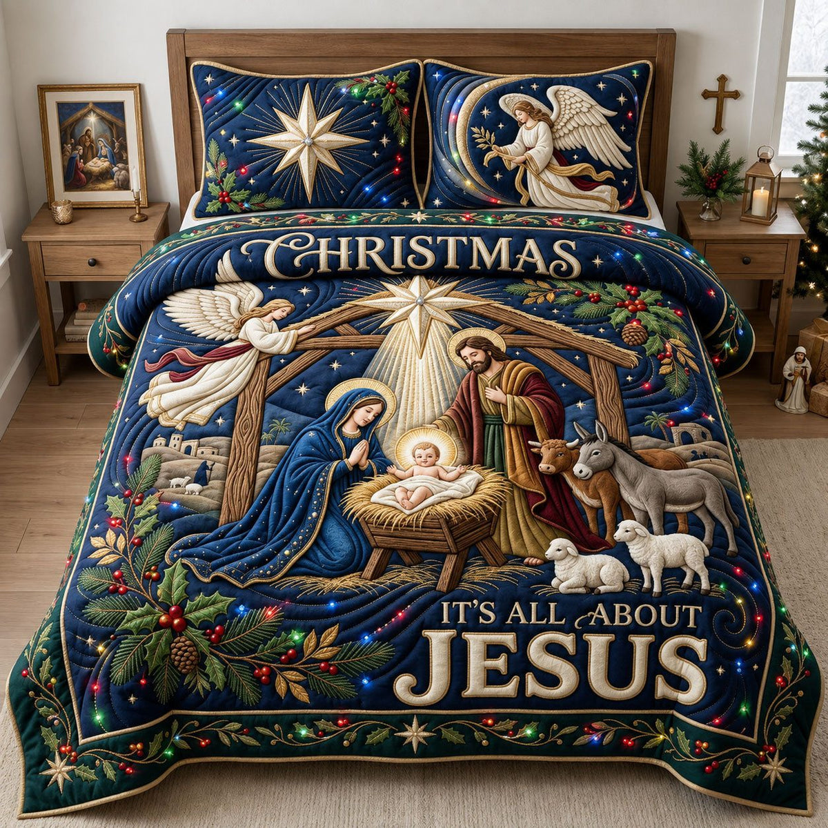 Sparkly Christmas Nativity quilted 3-piece bedding set on a made bed in a winter-styled bedroom