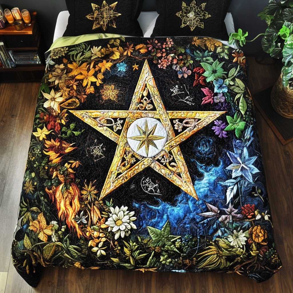 Spellbound Star quilted 3-piece bedding set on a made bed with two matching pillow shams