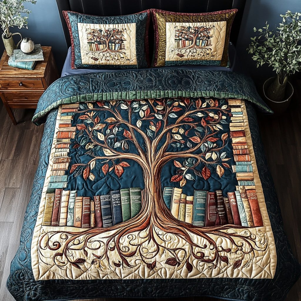 Spine Snuggles quilted 3-piece bedding set on a made bed with two matching pillow shams