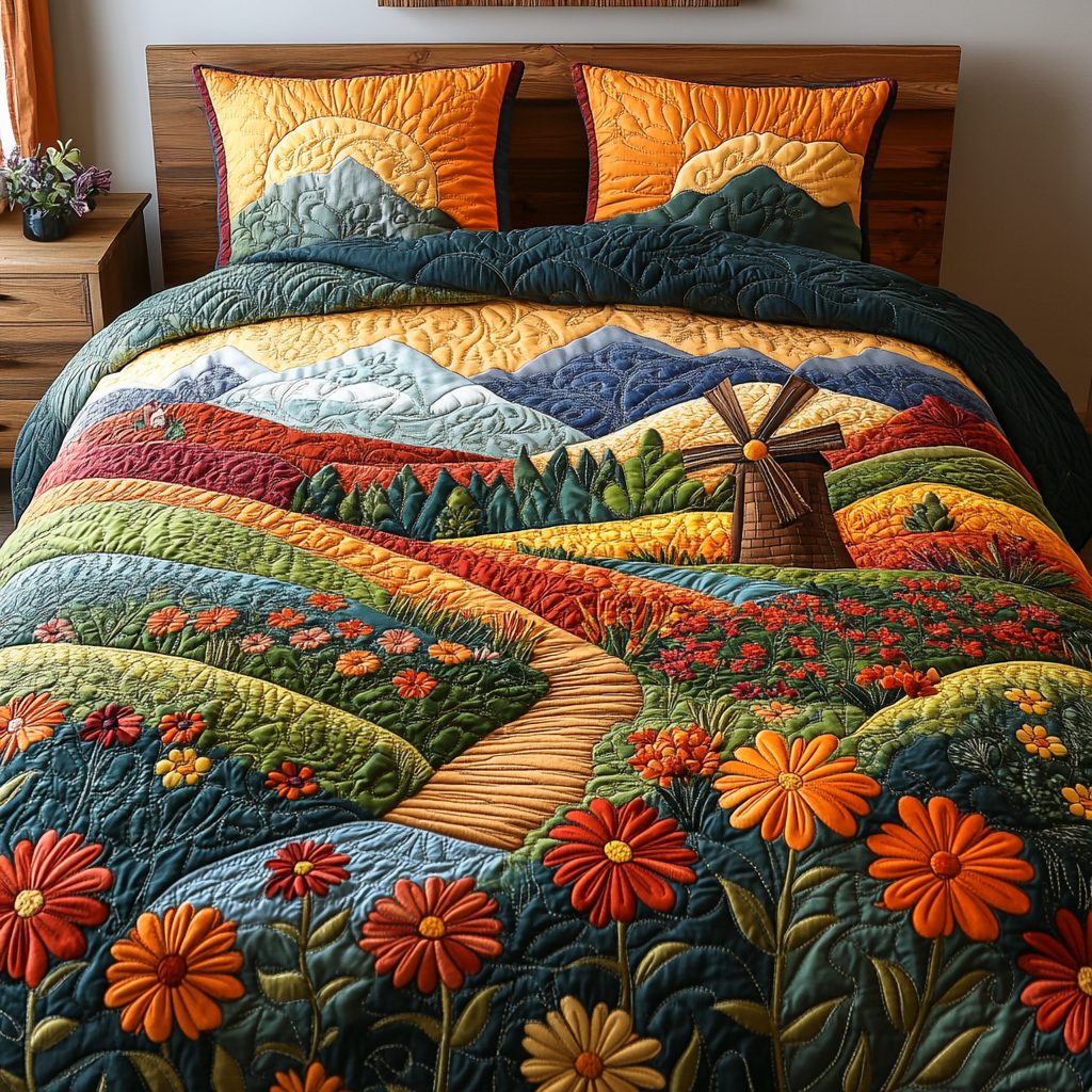 Spinning in the Breeze quilted 3-piece bedding set on a made bed with two matching pillow shams