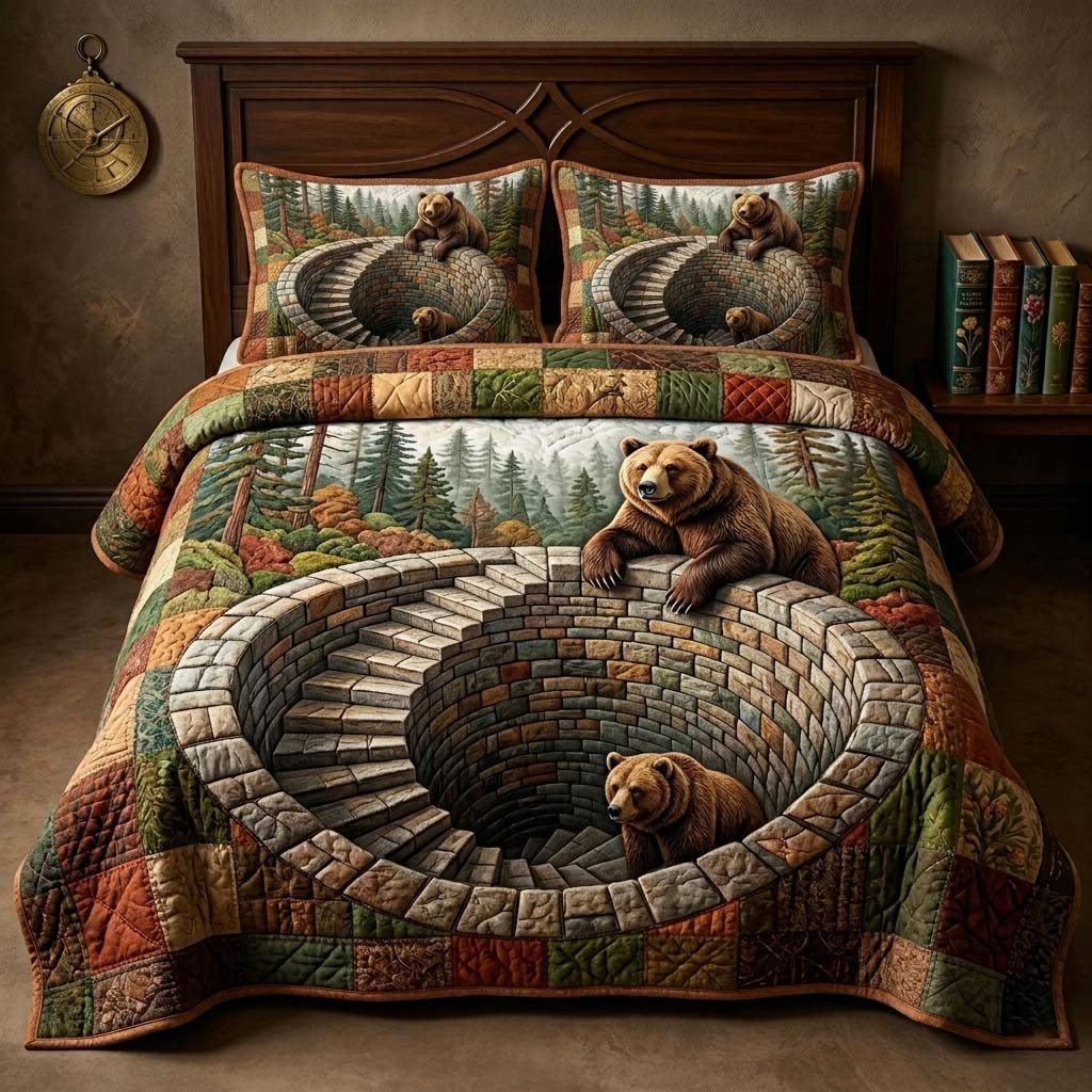 Spiral Bear quilted 3-piece bedding set on a made bed with two matching pillow shams