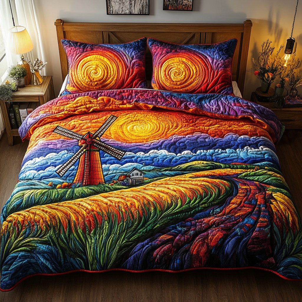 Spiraling Fields quilted 3-piece bedding set on a made bed with two matching pillow shams