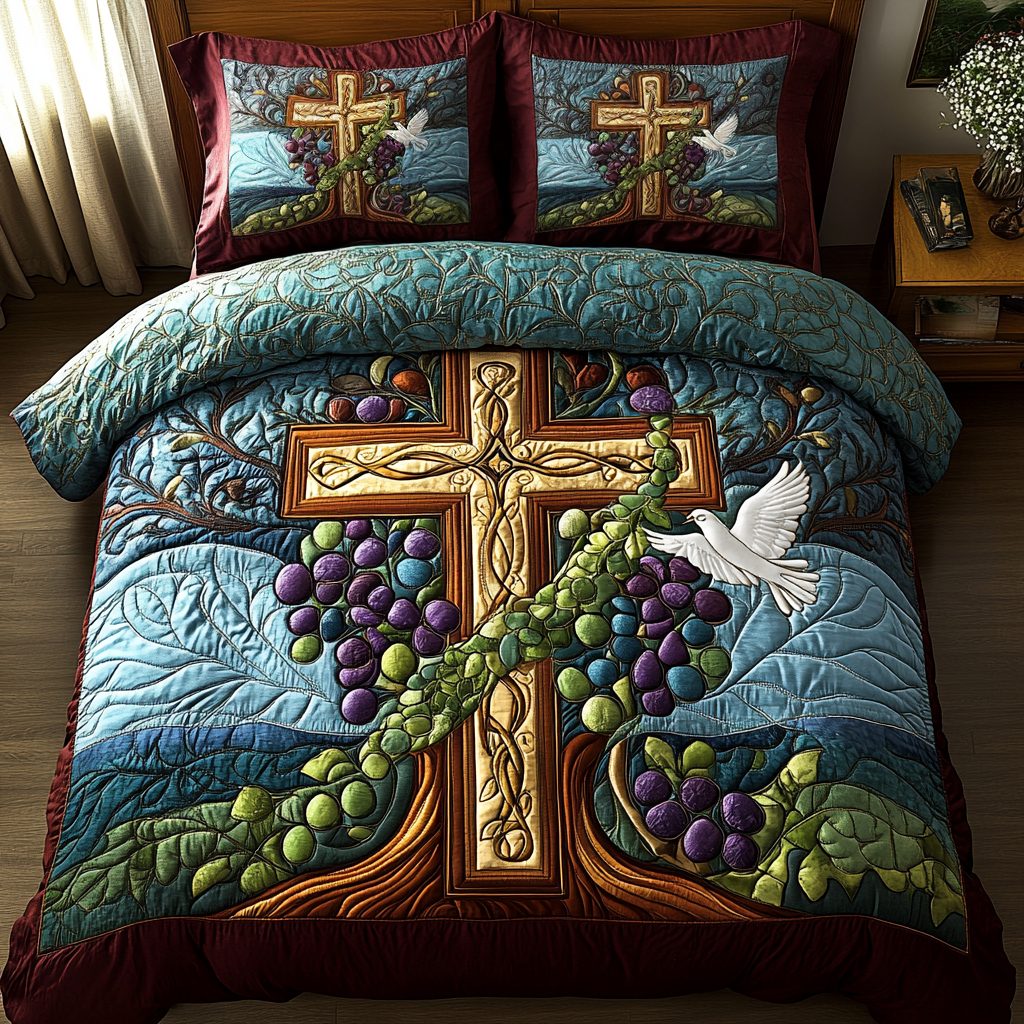 Spirit Anchor quilted 3-piece bedding set on a made bed in a light coastal bedroom