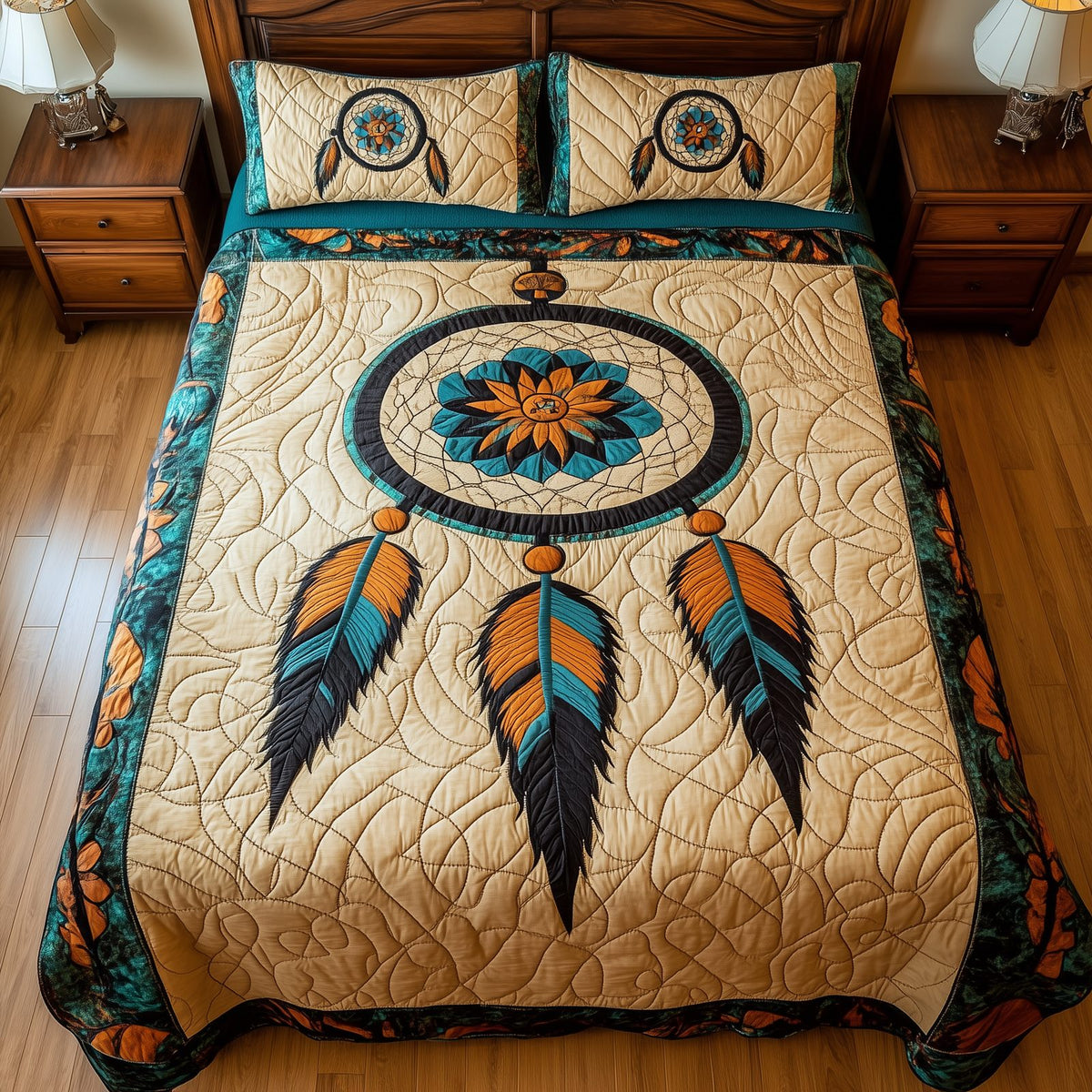 Spirit Guardian quilted 3-piece bedding set on a made bed with two matching pillow shams