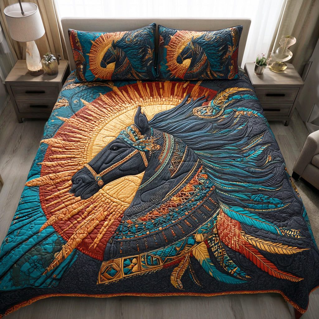 Spirit Horse Journey quilted 3-piece bedding set on a made bed in a rustic timber bedroom