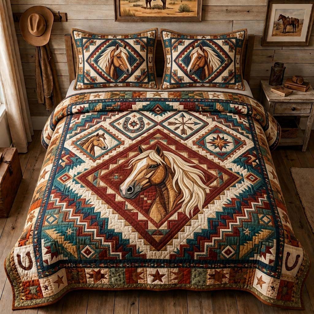 Spirit Horse Mosaic quilted 3-piece bedding set on a made bed in a rustic timber bedroom